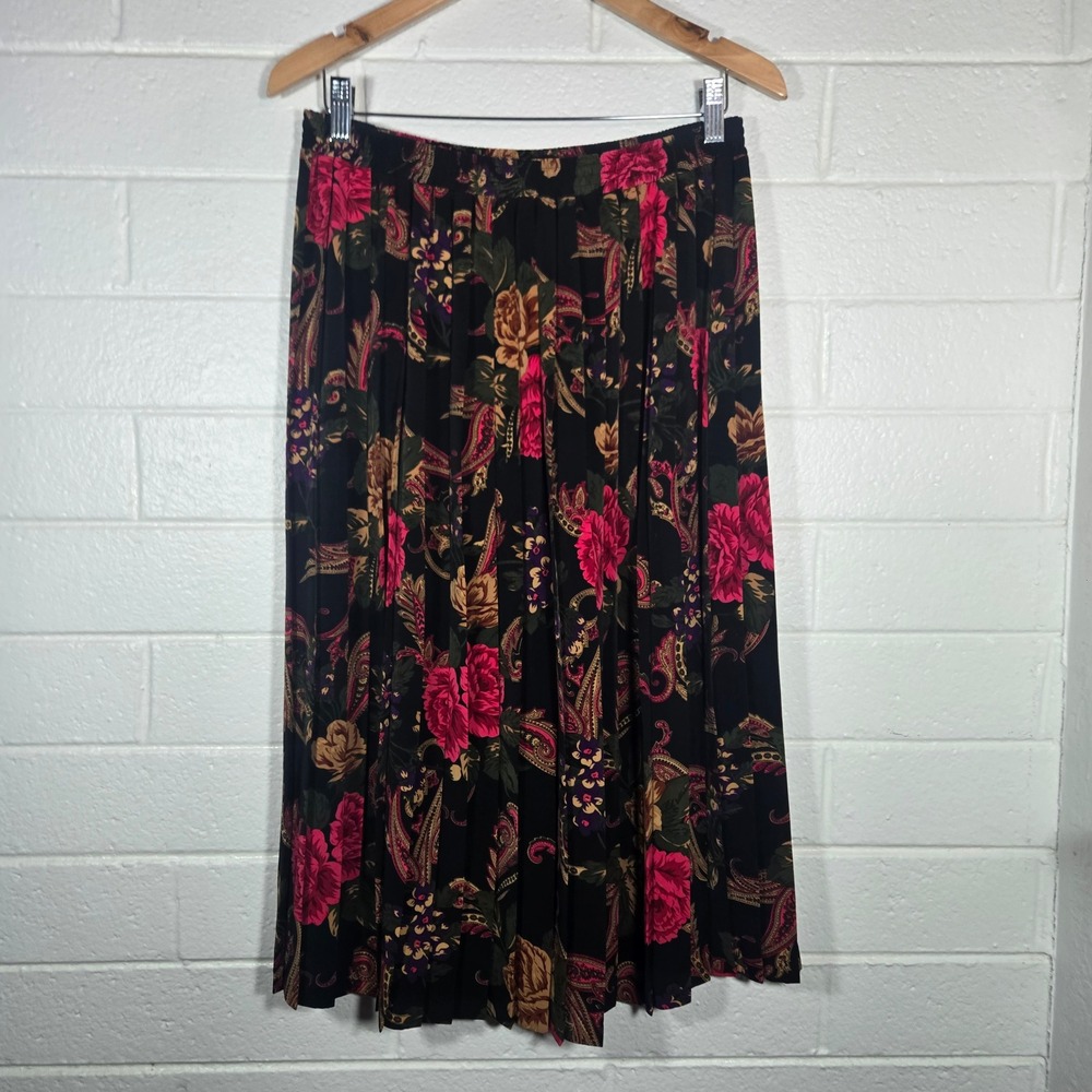Vtg Alfred‎ Dunner Skirt 14 Moody Floral Paisley Pleated Midi Elastic Waist Boho